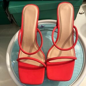 Red Double-Strap Square-Toe Slide Heels